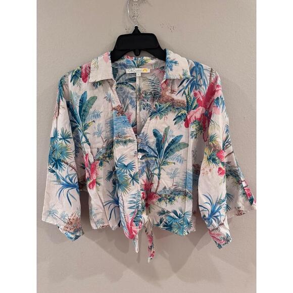 C&C California Tropical Tie Front Button Down Shirt Small Resort Vacation Top - Picture 1 of 4